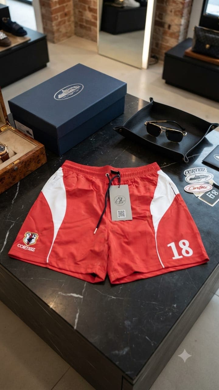 Red Corteiz 18 colorblock shorts with crest logo and tag on black marble table.