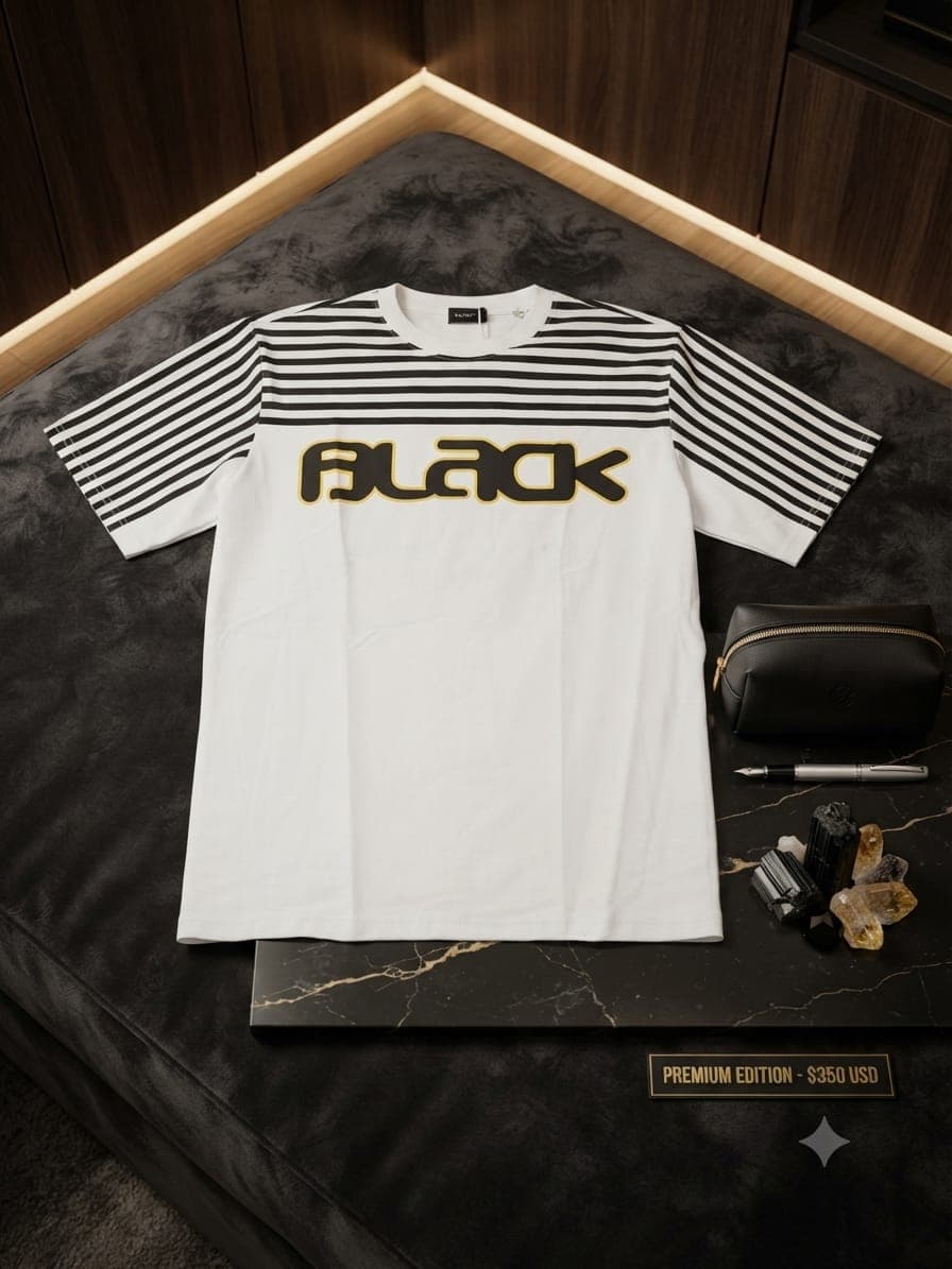 Orange BLACK graphic t-shirt on dark marble with watch, sunglasses and cufflinks.