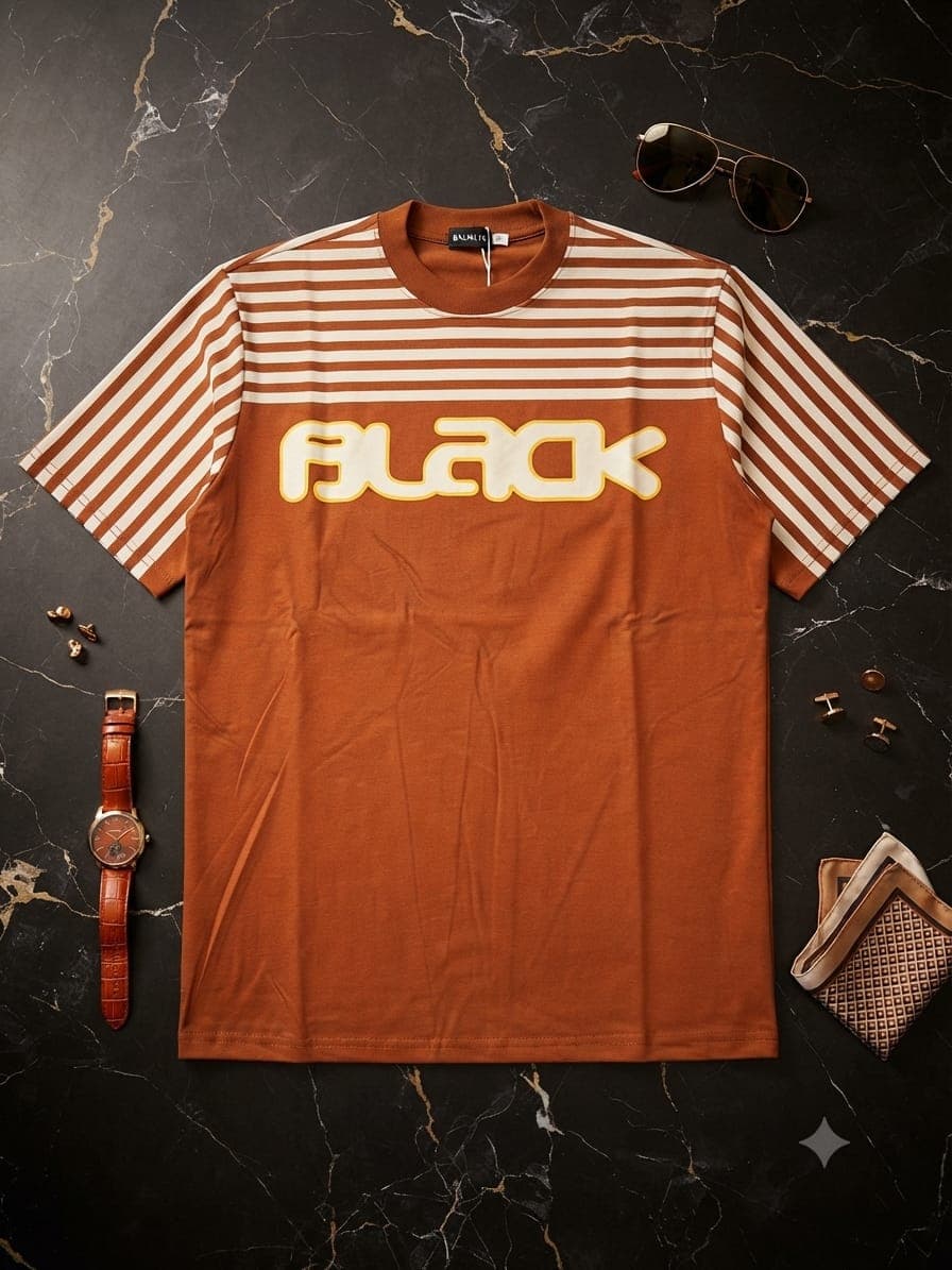 White BLACK graphic t-shirt with black stripes on marble with wallet and sunglasses.