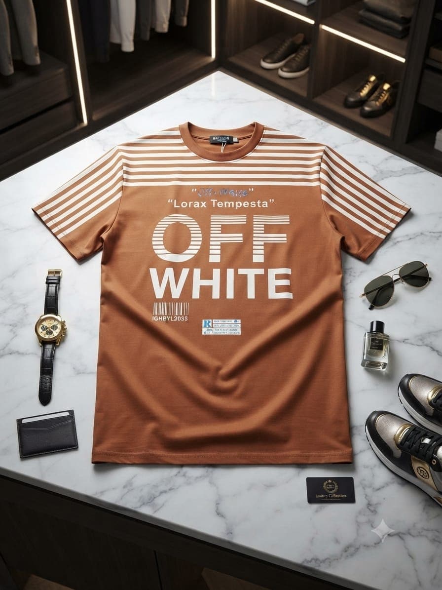 Black BLACK graphic t-shirt with white stripes on dark surface with watch and pouch.