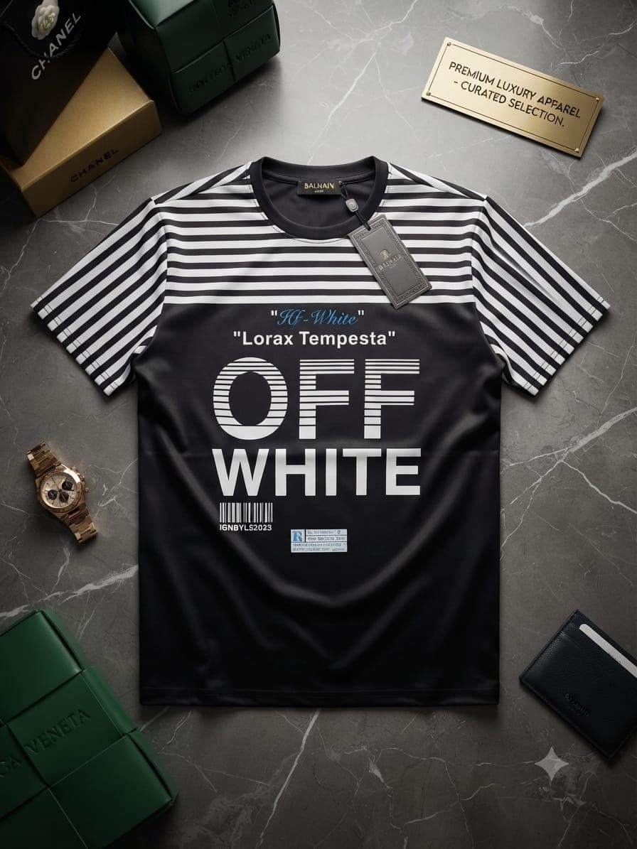 White Levi's 93 graphic t-shirt with black stripes on marble with wallet and sunglasses.