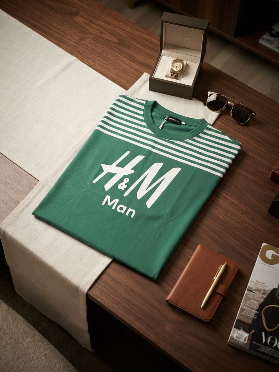 Olive Off White graphic t-shirt on marble with notebook and plant.