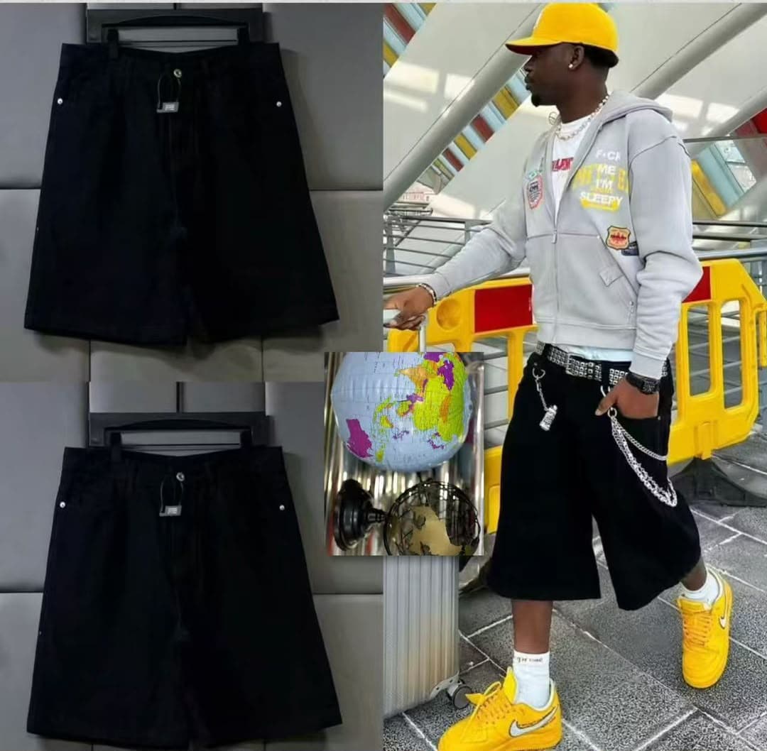 Black drawstring shorts in flat lay views and modeled with grey hoodie, yellow cap, chain belt, and yellow sneakers.