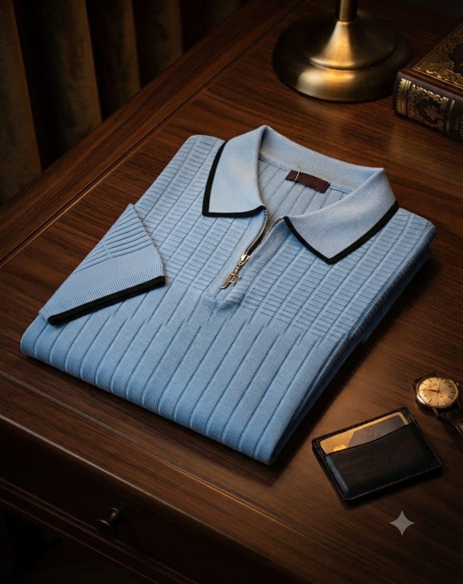 Four colorways of ribbed knit polo shirts in black, white, light blue and beige with size and price labels.