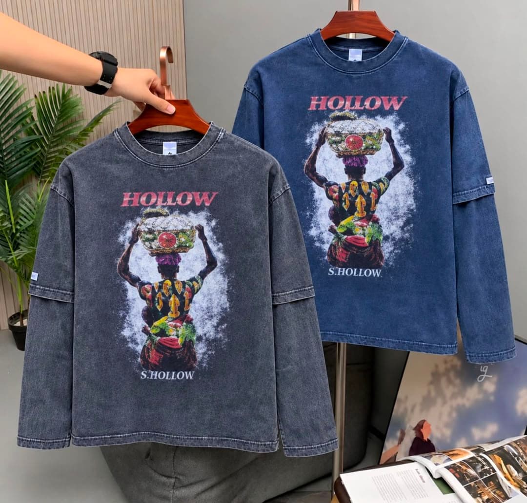 Gray and blue stone-washed tees displaying the Hollow woman with basket graphic and S.HOLLOW branding.