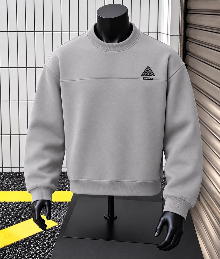 Light gray plain crewneck sweatshirt on black mannequin.