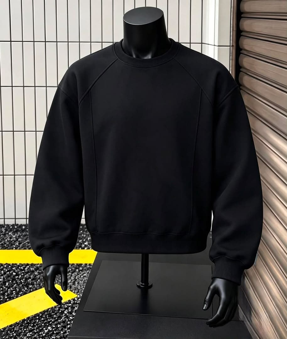 Black crewneck sweatshirt with chest logo and panel on mannequin.