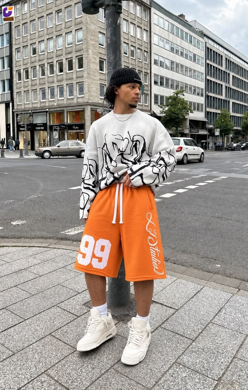 Man standing on urban street wearing orange 99 print jorts with white sweater.