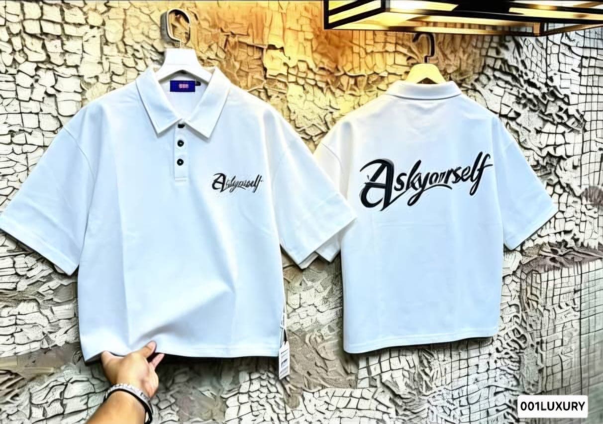 White polo shirt with Ask Yourself print shown from front and back.