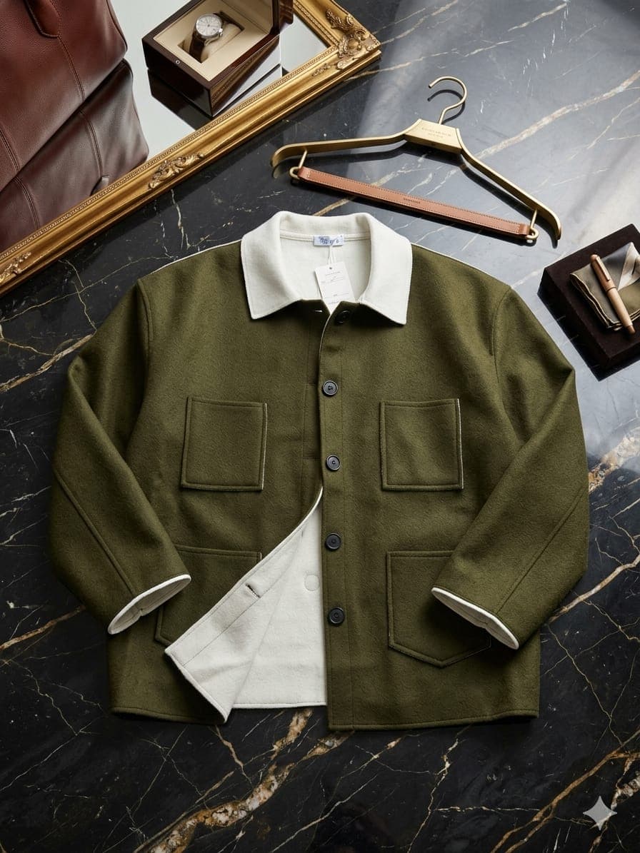 Mannequin wearing olive green wool jacket with white collar, styled with shirt, cross tie and black beanie.