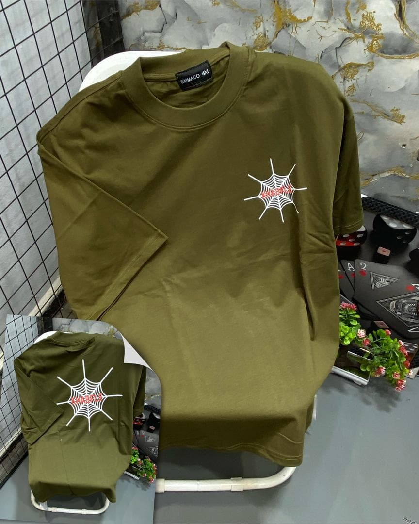 Olive t-shirt with white dotted Tommy Hilfiger script logo on chest and back inset view.