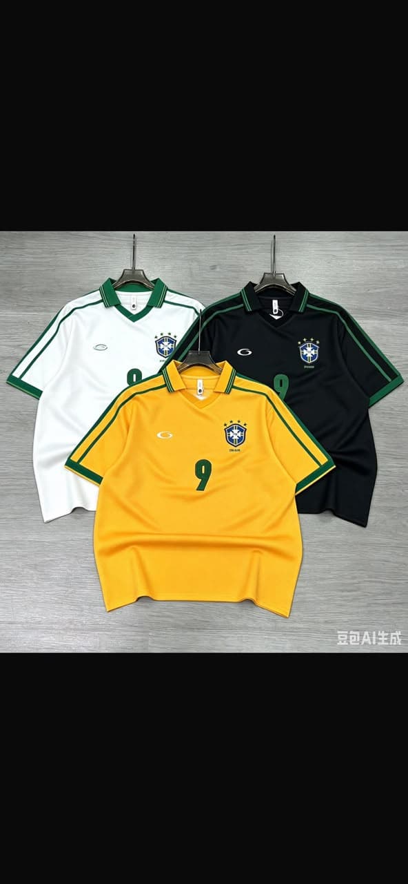 White, black, and yellow Brazil #9 polo jerseys displayed together on hangers.