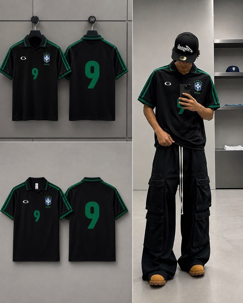 Black Brazil #9 polo jersey shown in front and back views with model wearing it.