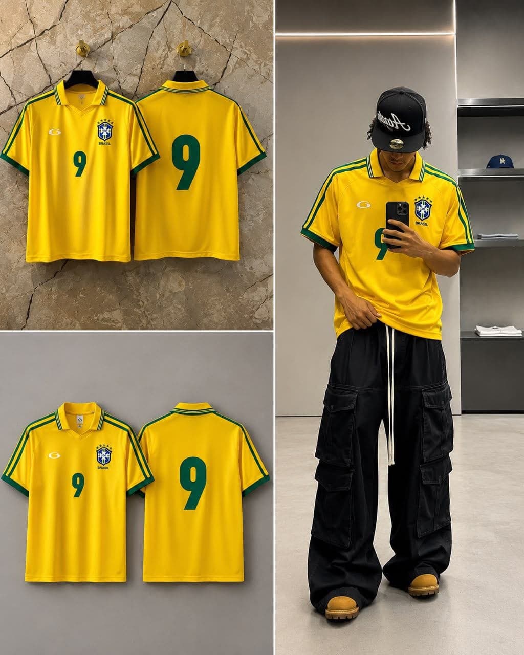 Yellow Brazil #9 polo jersey shown in front and back views with model wearing it.