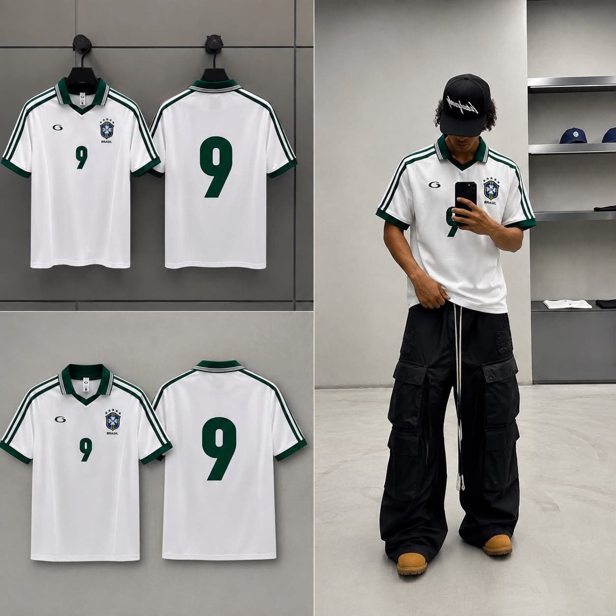 White Brazil #9 polo jersey shown in front and back views with model wearing it.