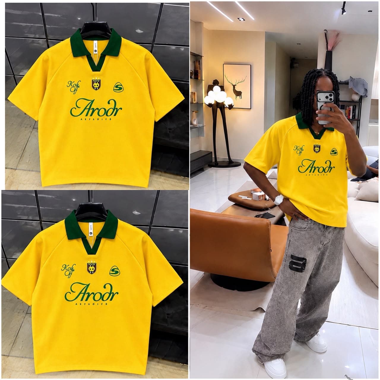 Yellow Arodr polo shirt with green collar shown on hanger and worn by a model in a modern interior.