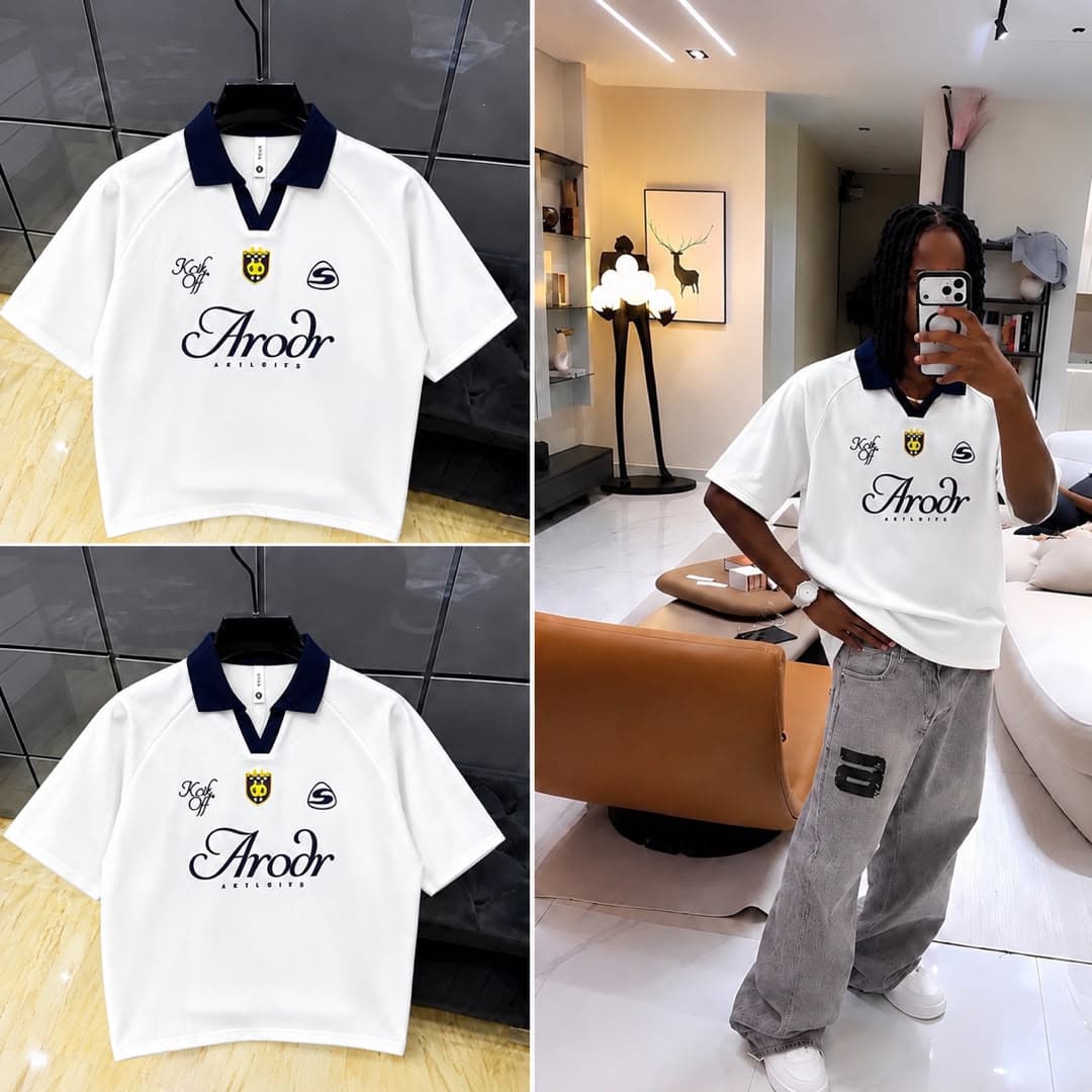 Yellow embroidered contrast collar polo shirt shown in flat lays and worn by a model.