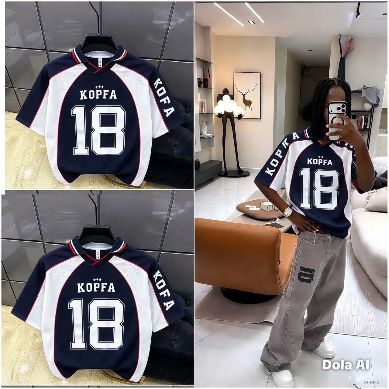 Model wearing navy Kopfa 18 jersey in lifestyle mirror selfie with modern interior.