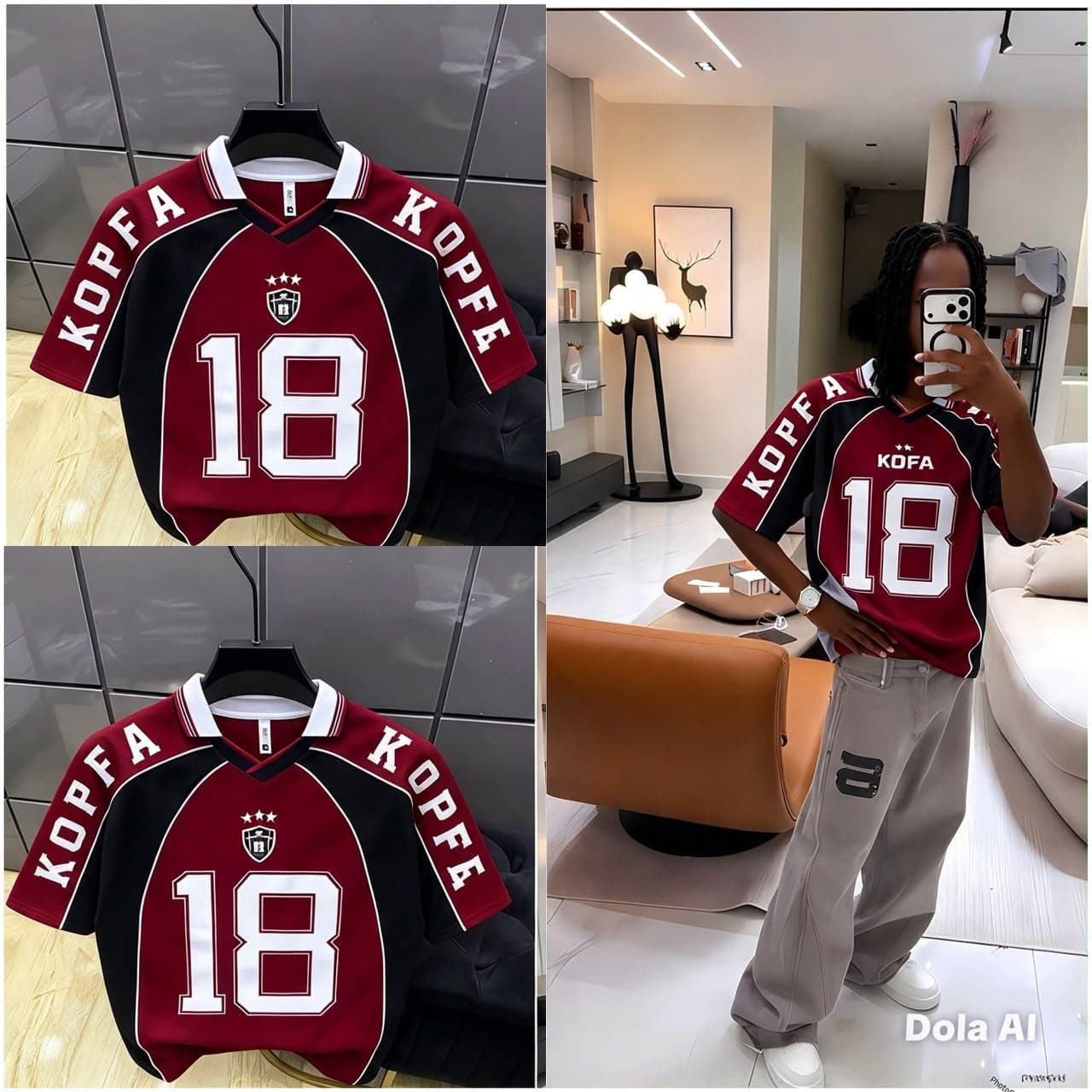 Model wearing burgundy Kopfa 18 jersey with grey pants in lifestyle setting.