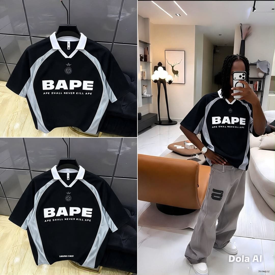 Black BAPE jersey t-shirt shown on hanger and worn by model in lifestyle setting.