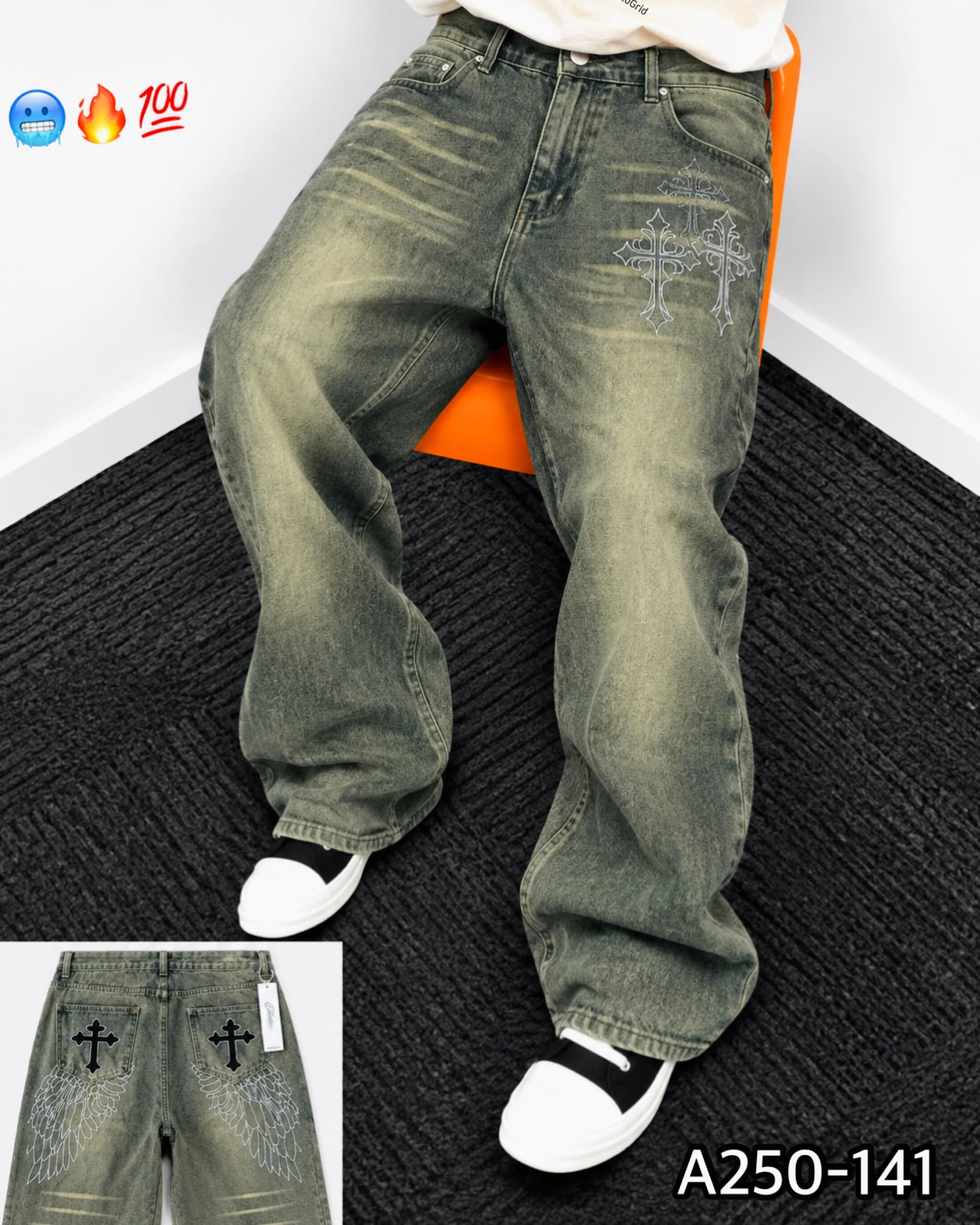 Model wearing green cross embroidered baggy jeans on orange chair, inset shows back pockets with wing and cross graphics.