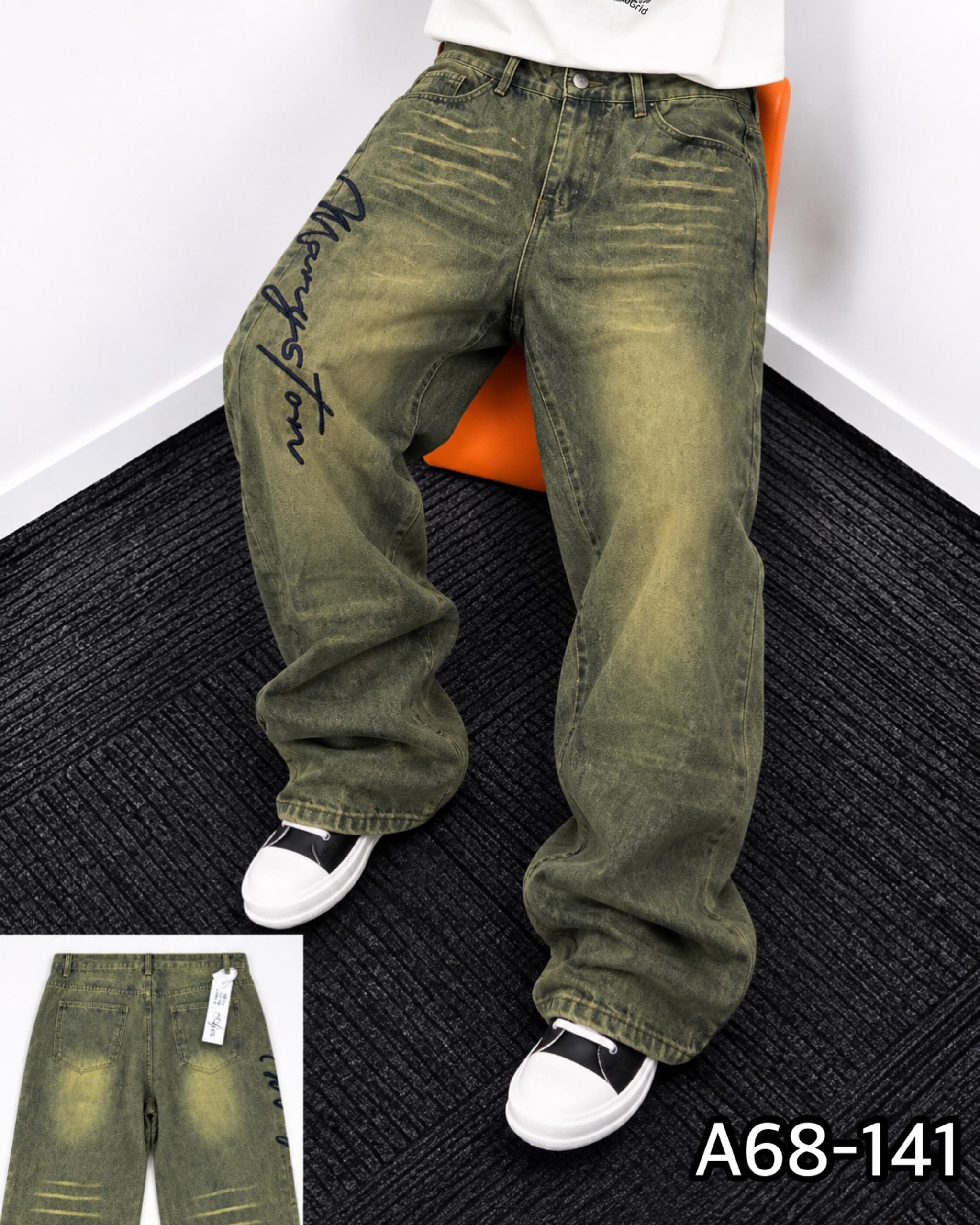 Model wearing green embroidered baggy jeans with white sneakers, inset shows back view with tag.