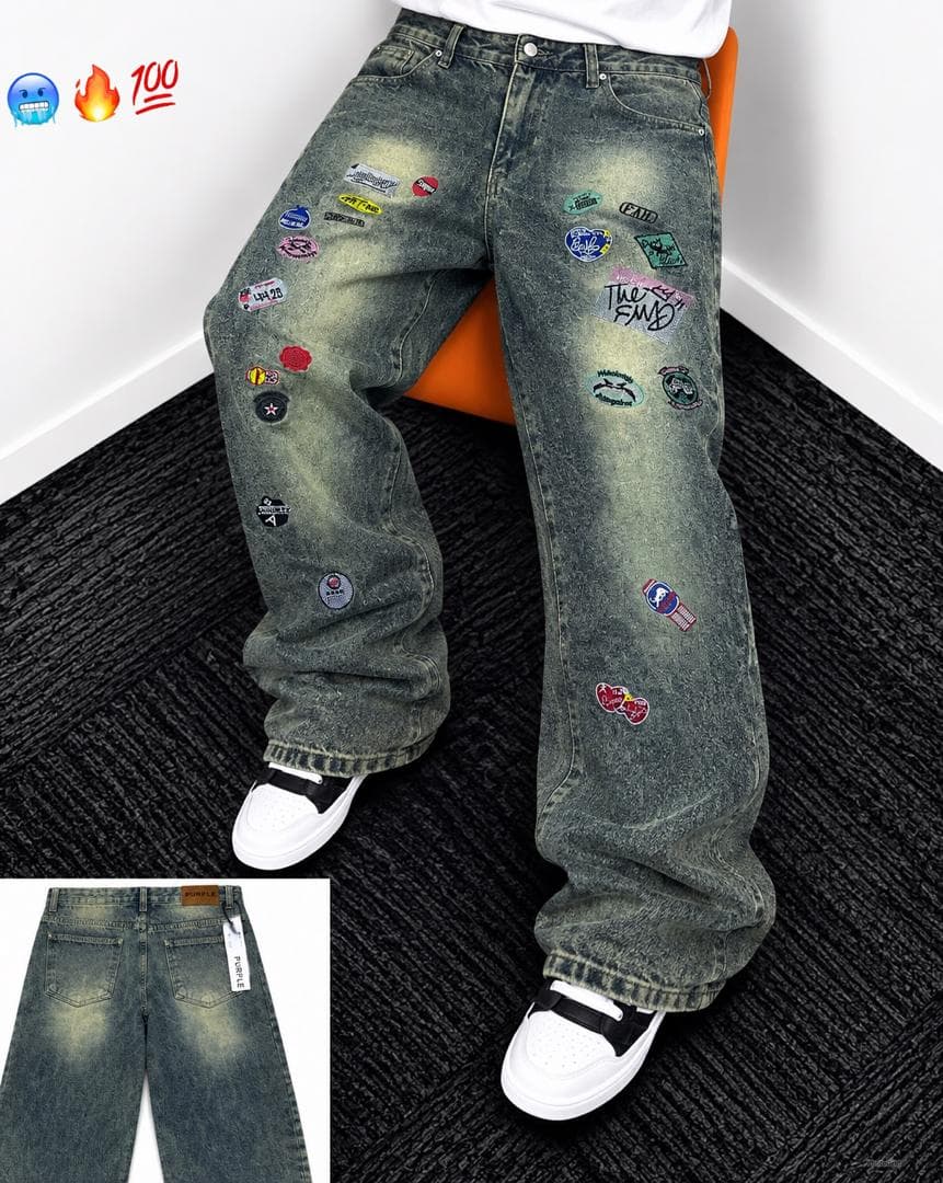 Model wearing green patchwork baggy jeans with numerous colorful patches, inset shows back view with tag.