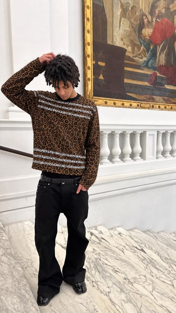 Brown leopard print layered sleeve top with white chain patterns.