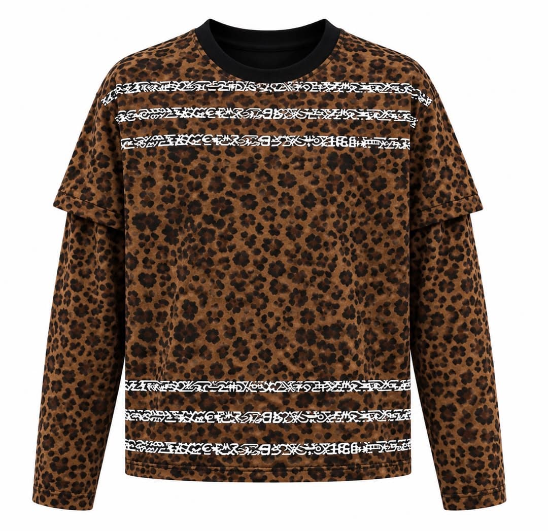 Two men wearing the black and brown leopard print versions of the layered sleeve top.