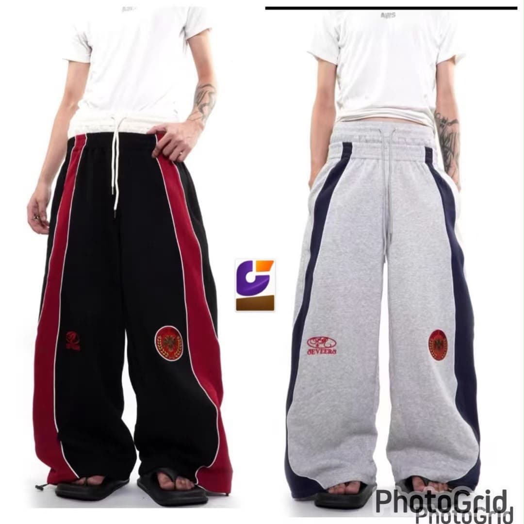 Black and gray side-stripe joggers with SEVEERS embroidery shown front and back on models.