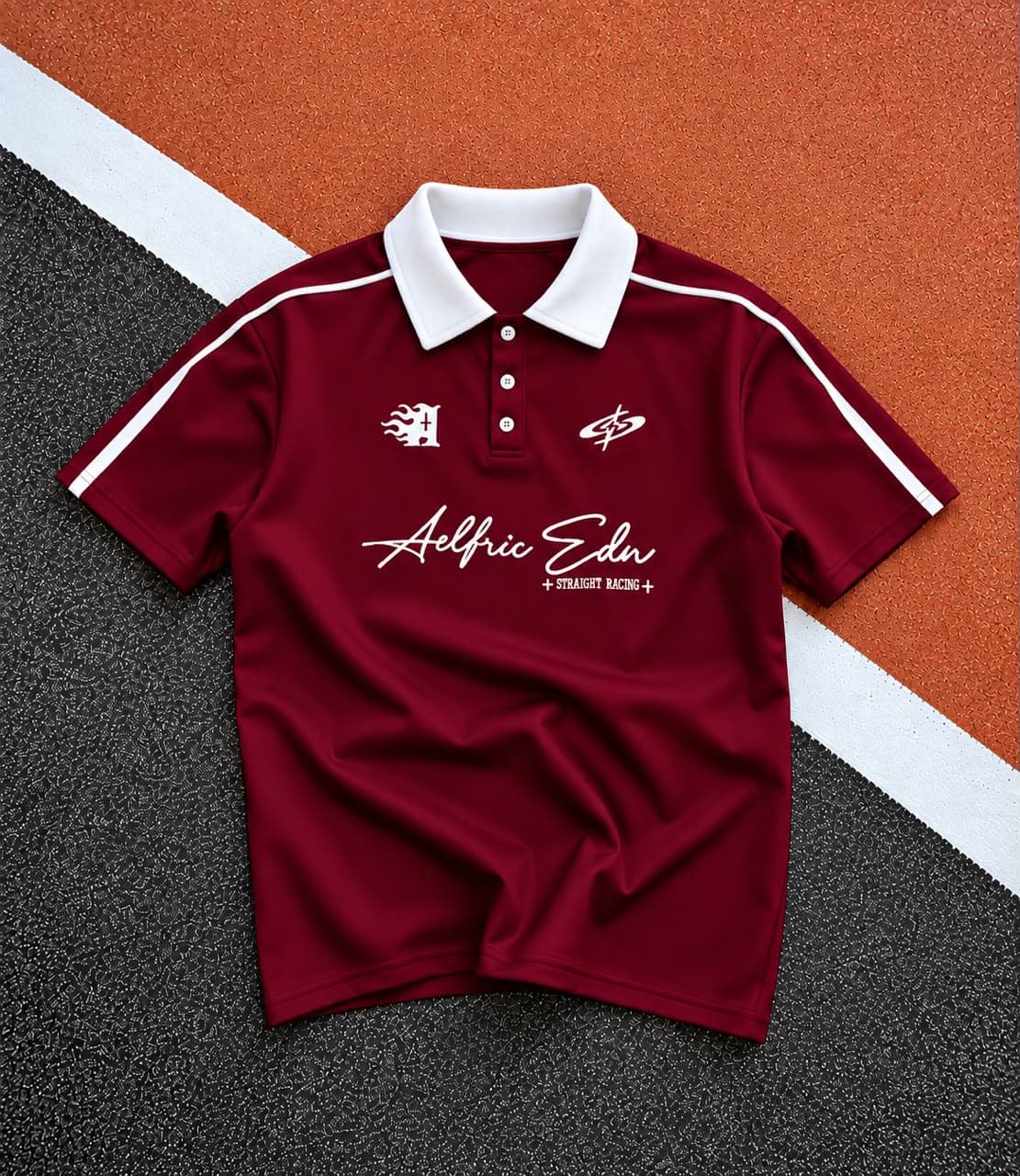 White Aelfric Edn polo shirt with black collar flat lay.