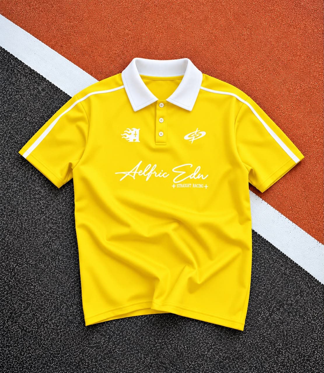 Black Aelfric Edn polo shirt flat lay with white collar and piping.