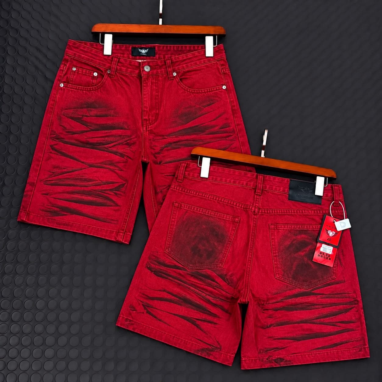 Light blue Diesel denim shorts with red chain, flat and lifestyle shots with model.