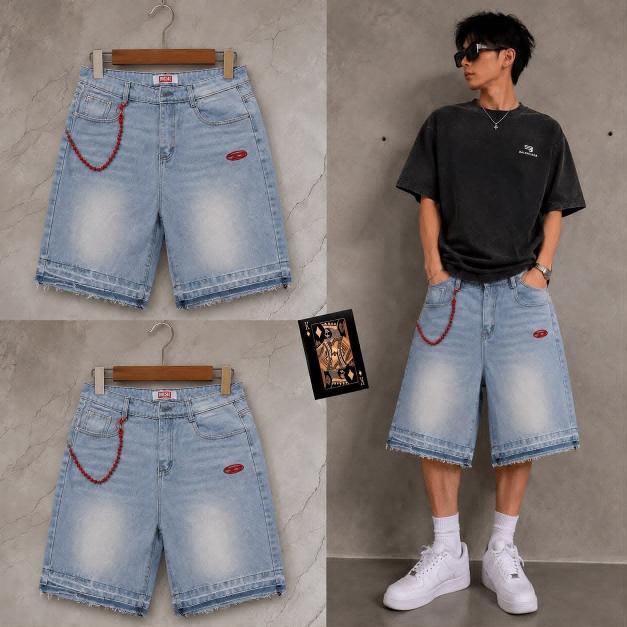 Red denim shorts with wrinkled wash effect, front and back.