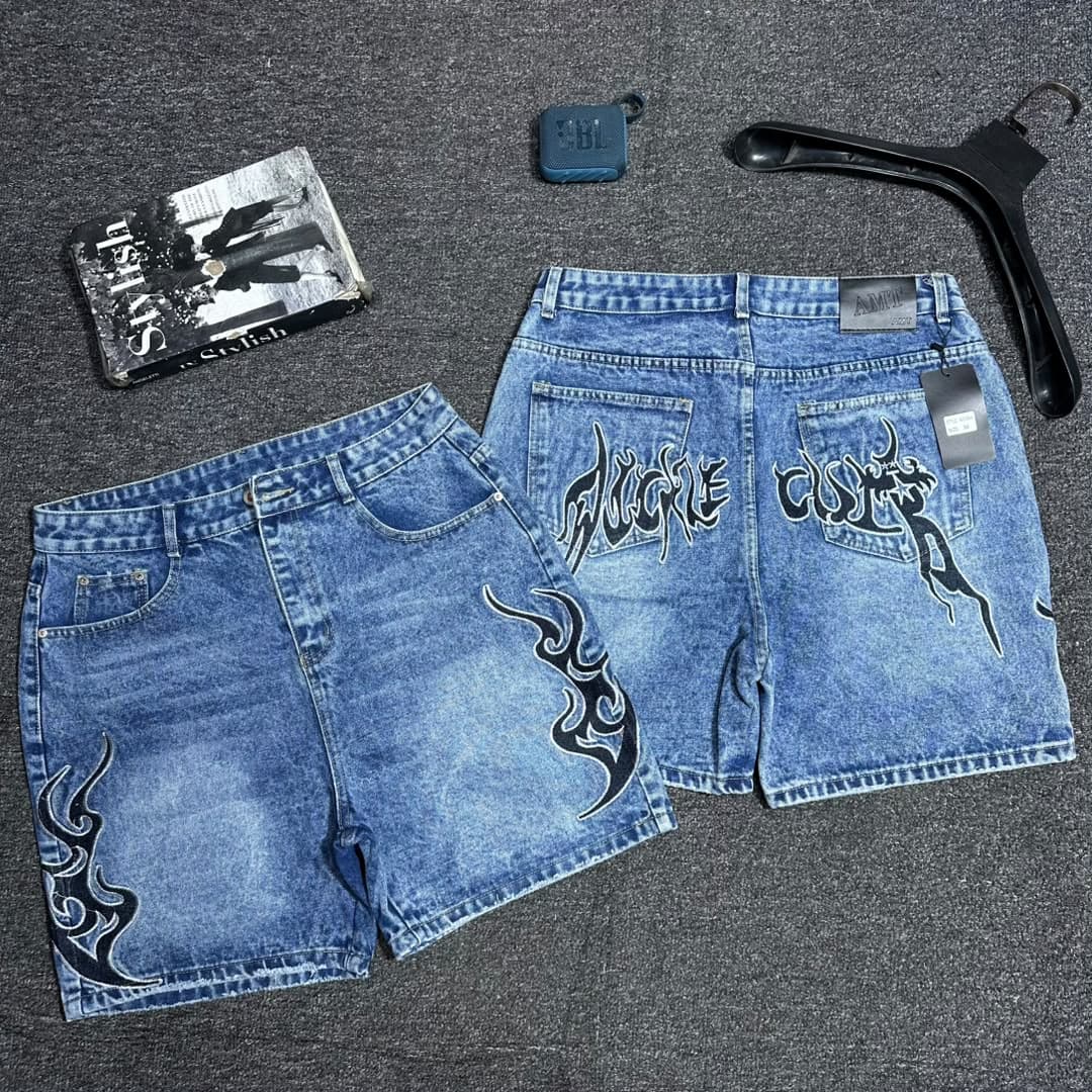 Olive green denim shorts with wrinkled wash effect, front and back.