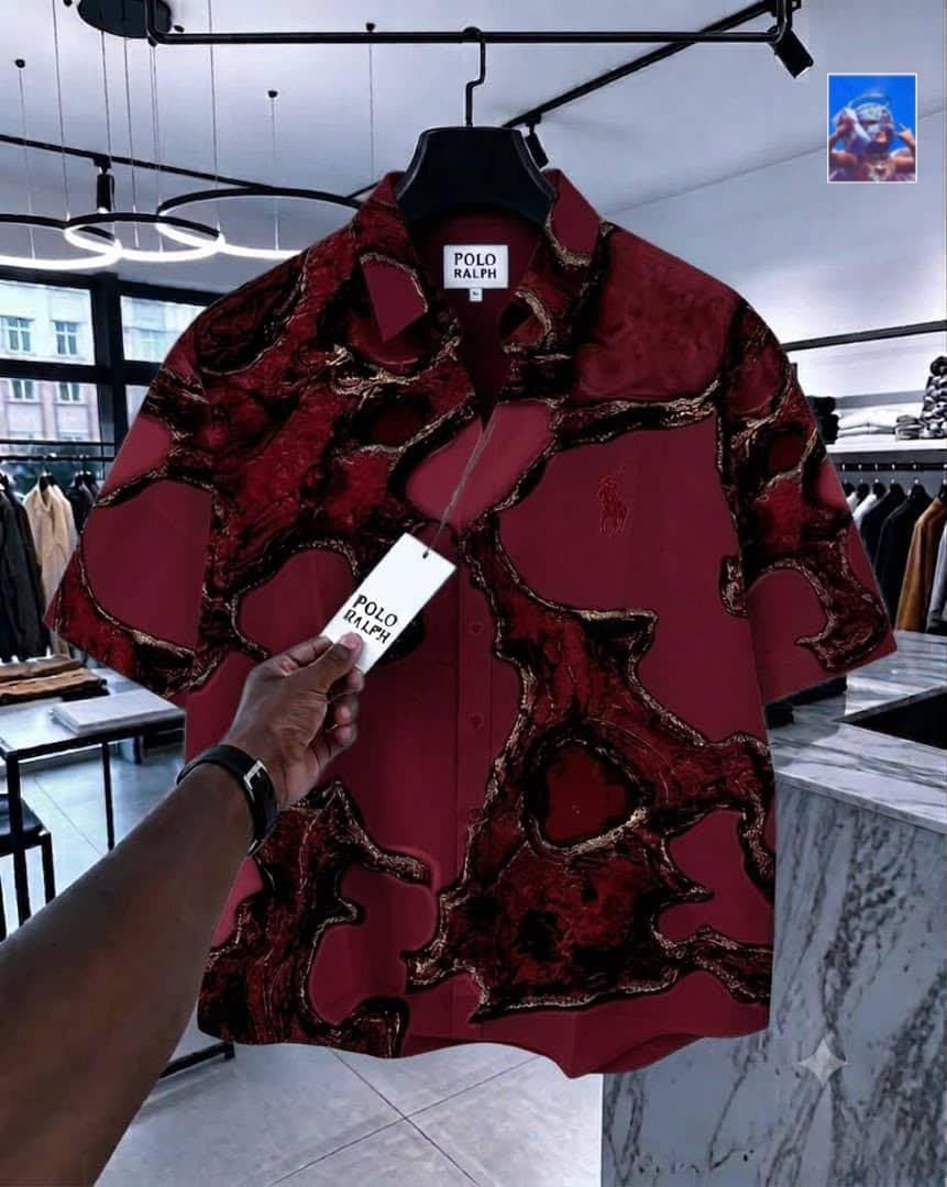 Polo Ralph short-sleeve shirt in red with dark abstract marble pattern.