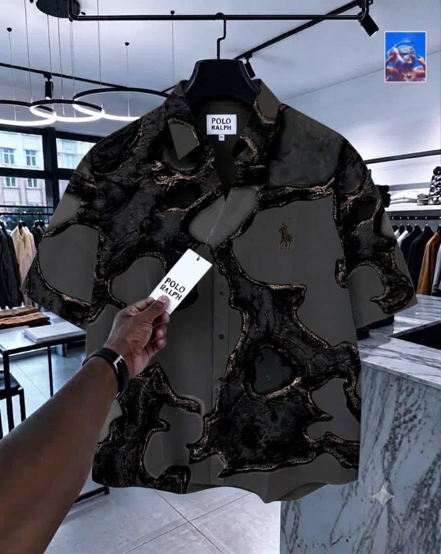 Polo Ralph short-sleeve shirt in gray with black and gold abstract marble pattern.