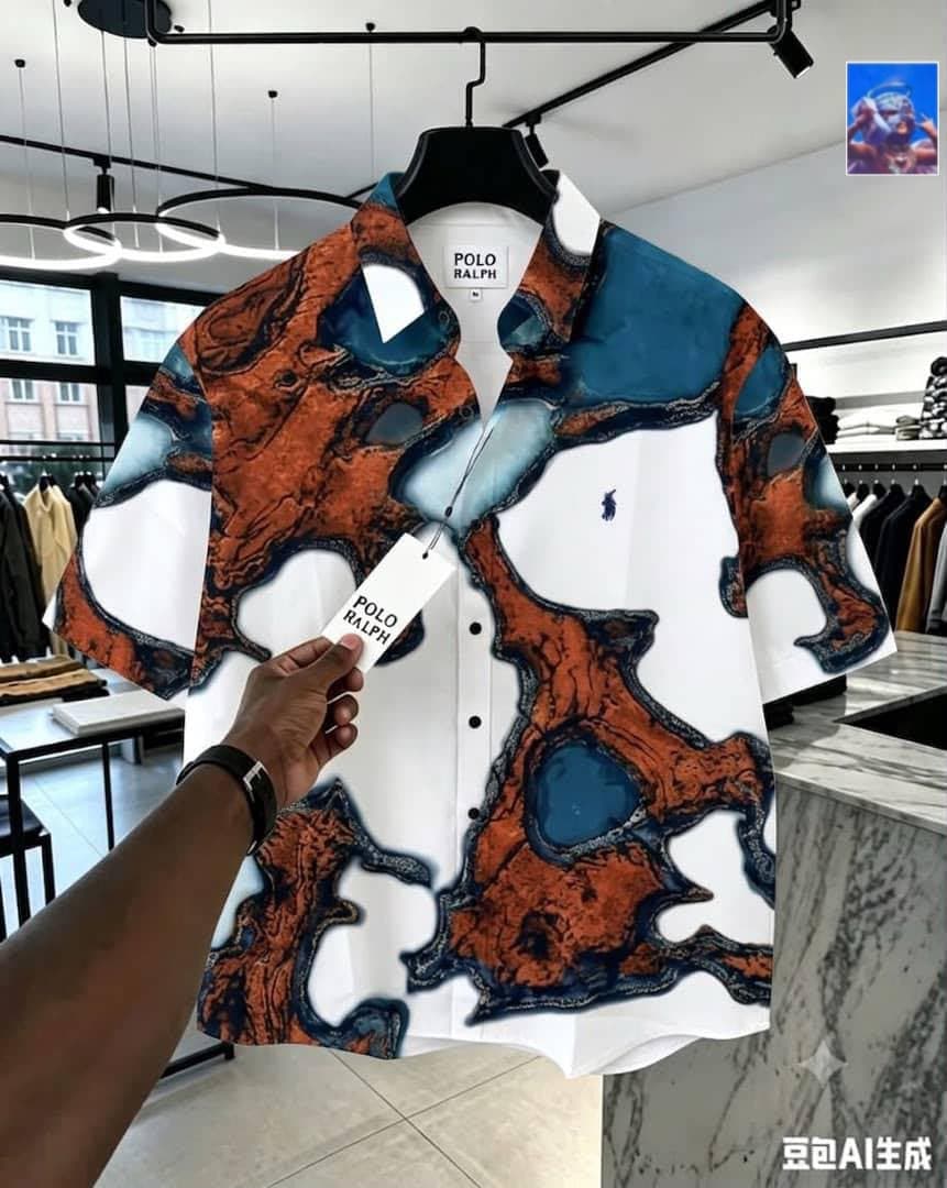 Polo Ralph short-sleeve shirt in white with orange and blue abstract marble pattern.