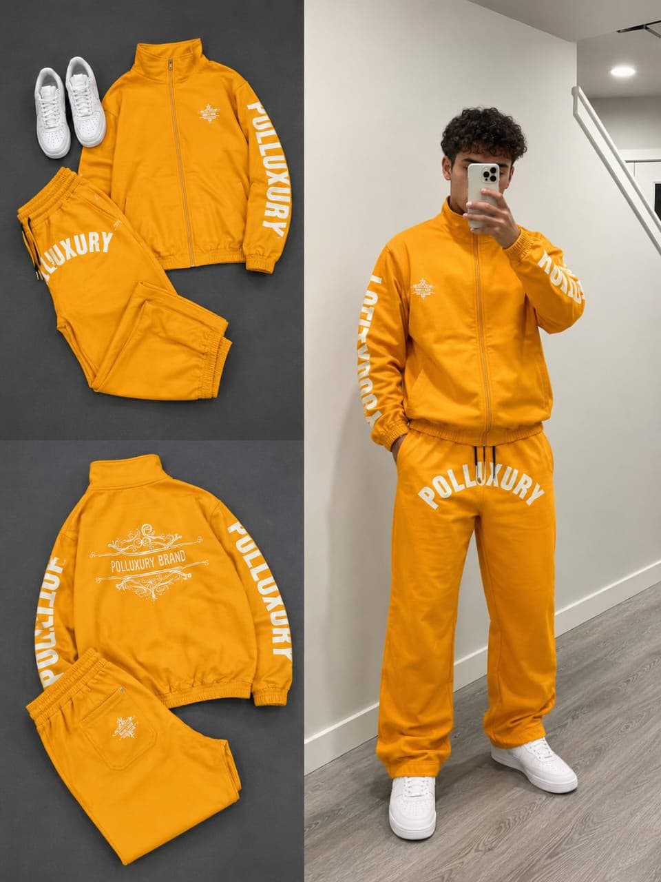 Yellow Polluxury track suit set in flat lay and model mirror selfie views.