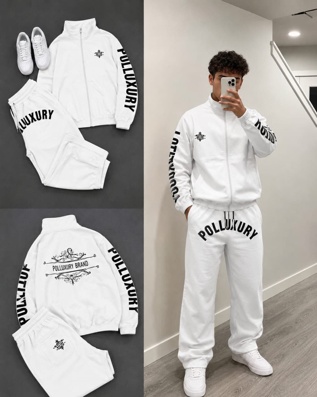 White Polluxury track suit set in flat lay and model mirror selfie views.