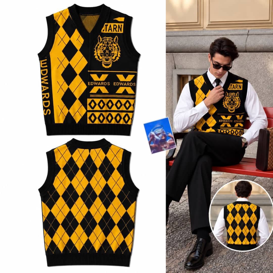 Black and yellow argyle tiger graphic knit vest shown in front back views, model poses, and back detail inset.