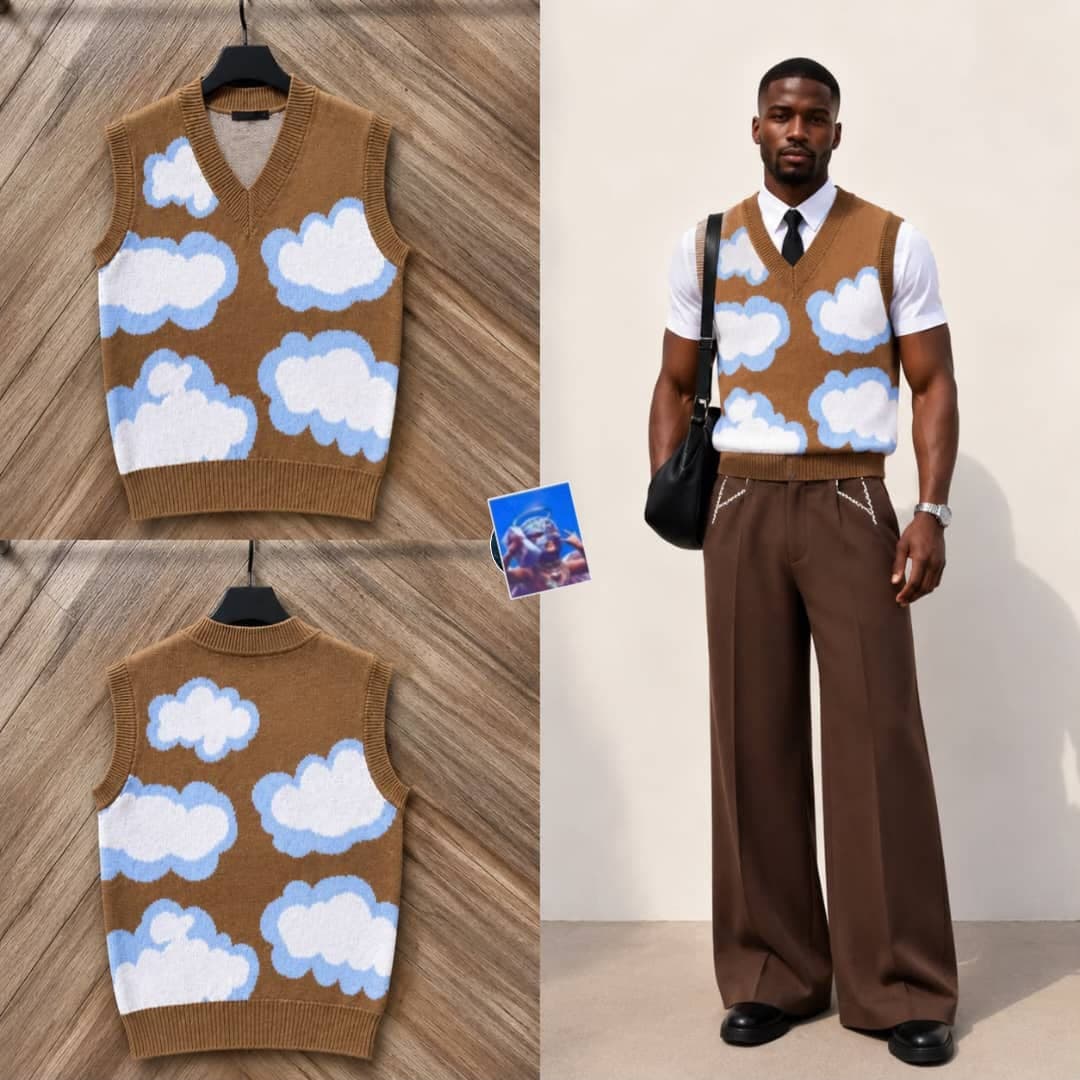 Brown cloud pattern knit sweater vest in front and back flat lay views alongside model wearing with white shirt and brown trousers.