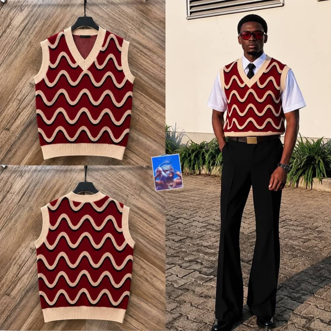 Burgundy wavy knit sweater vest displayed in front and back flat lays with model wearing it styled with white shirt and black trousers.