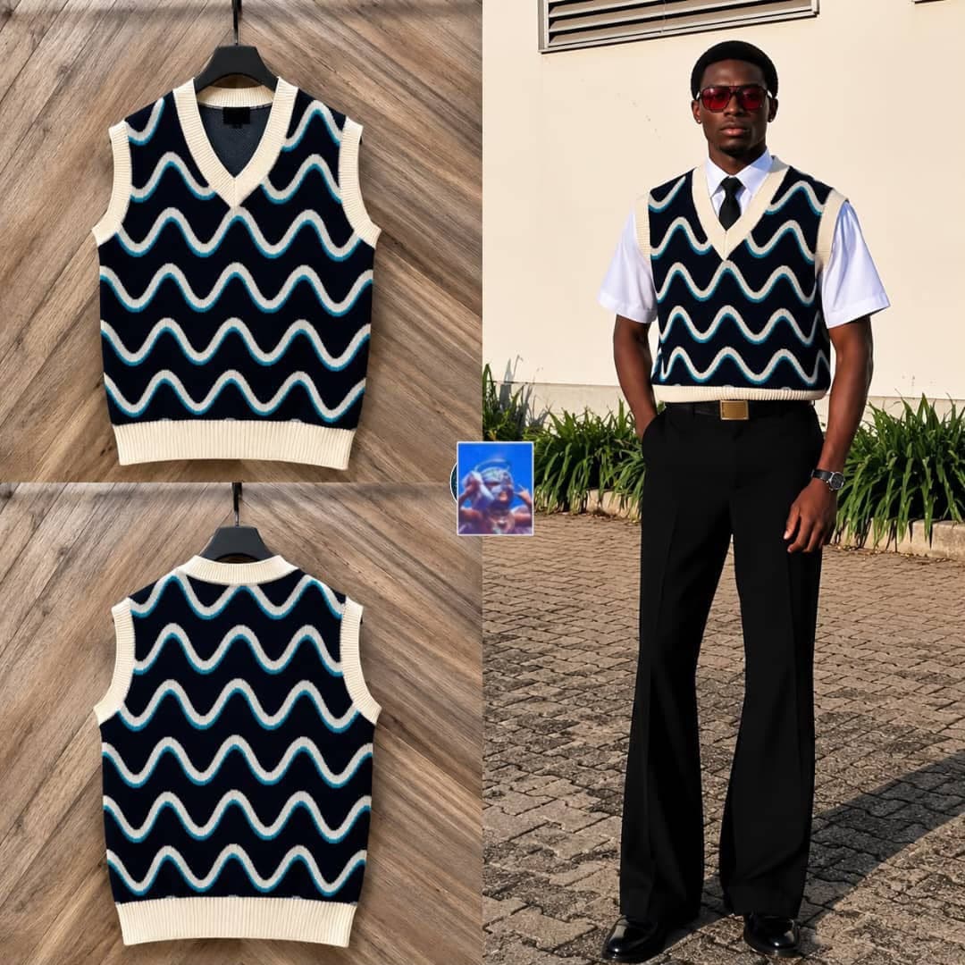Navy wavy knit sweater vest shown in flat lay front and back views plus model wearing with shirt and trousers.