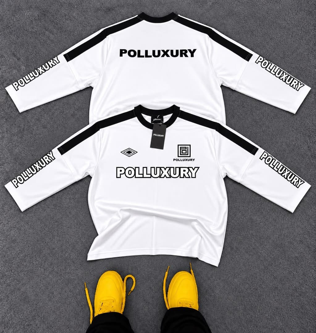 Front and back views of the yellow Polluxury long sleeve jersey.