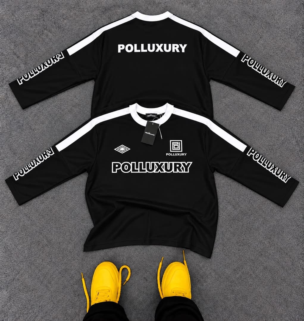 Front and back views of the black Polluxury long sleeve jersey.