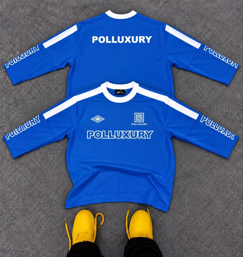 Front and back views of the red Polluxury long sleeve jersey.