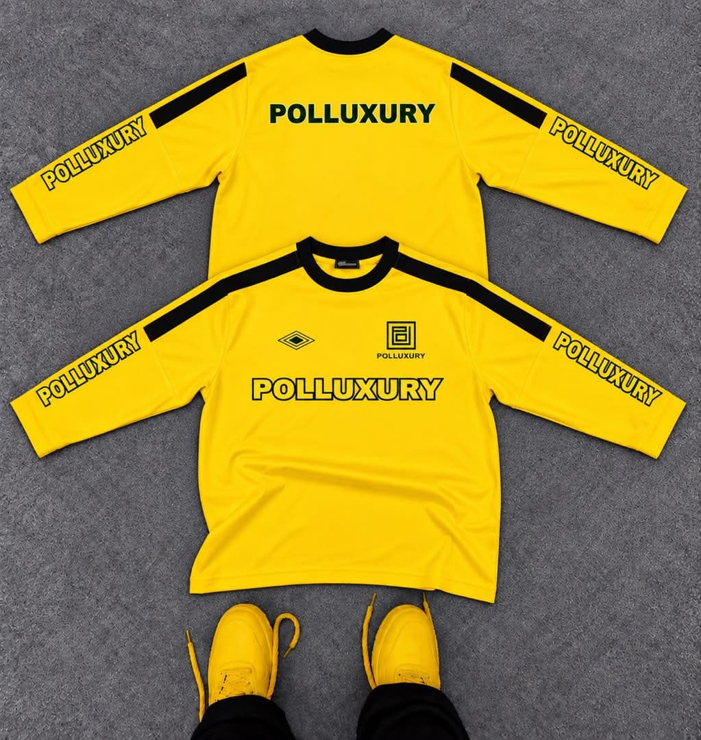 Front and back views of the white Polluxury long sleeve jersey.
