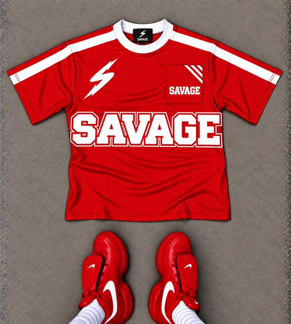 Red Savage t-shirt with white lightning bolt, large SAVAGE print, chest pocket and matching red sneakers.