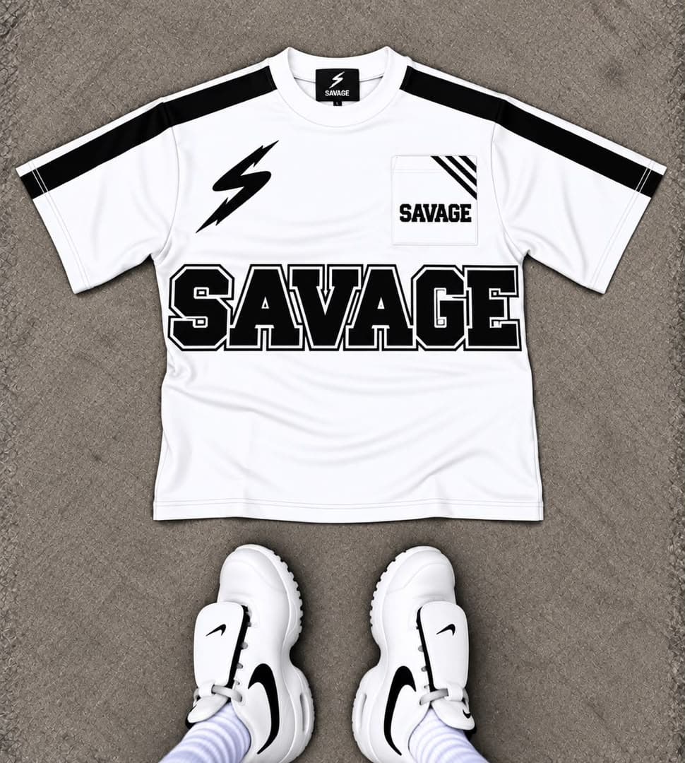 White Savage t-shirt with black lightning bolt, large SAVAGE print, chest pocket and matching white sneakers.